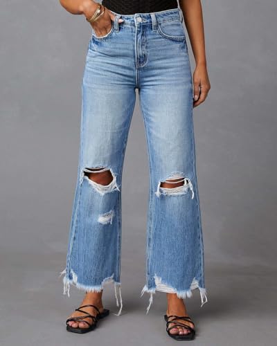 Women's Ripped Bell Bottom Jeans High Rise Distressed Raw Edge Hem Boyfriend Wide Leg Denim Pants2