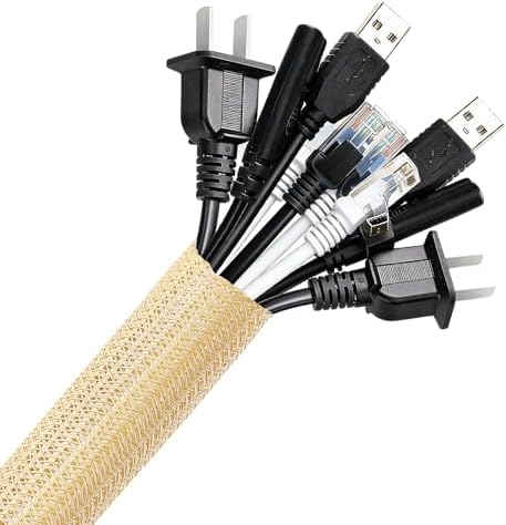 AGPTEK 2m Kabelschlauch, 25-34mm Selbstschließend Kabelkanal, Beige | Flexibler Gewebter Kabelmantel, Kabelmanagement für Schreibtisch, TV, Computer, PC, Kabelschutz für Hund, Katz