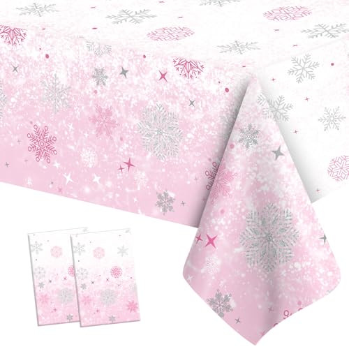 2 PCS Pink Plastic Snowflake Tablecloth(54x108 Inch) Frozen Birthday Winter Wonderland Decorations Disposable Table Cover Tablecloths for Christmas Holiday New Year Party Favors Supplies Decor