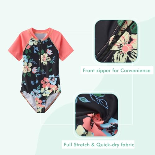 Image of Girls One Piece Swimsuits Short Sleeve Rash Guard for Girl Hawaiian Bathing Suit with Sun Protection Beachwear