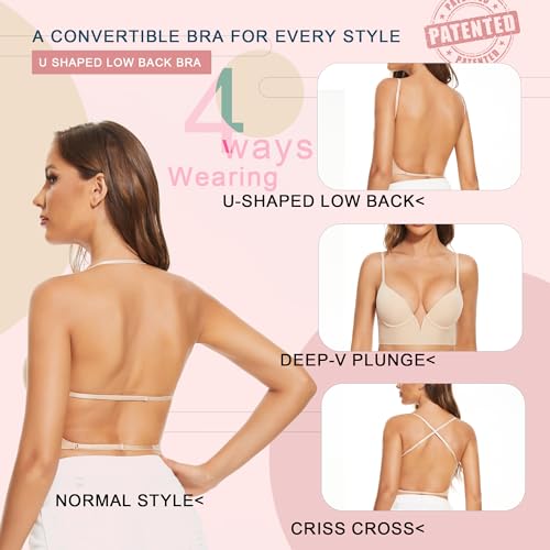 Low Back Bras-Seamless Deep-V Plunge Invisible Backless Bra-Underwire Lightly Lined Halter Multiway Low Cut Bra4