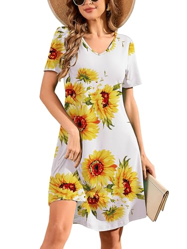 Image of DEARCASE Women's Short Sleeve Casual Sweater Tunic Dress V-Neck Loose Boho Knee Length Fall Summer Petite Stretch A-Line Wedding Guest Flowy Swing Church Tshirt Dresses Sunflower White XX-Large