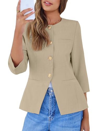 Simplee Womens Business Casual Blazers Spring Fashion Collarless Button Down 3/4 Sleeve Dressy Blazer Jacket Work Outfits Khaki L