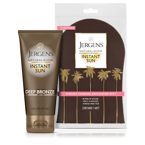 Image of Jergens Natural Glow Instant Sun Bundle: Deep Bronze Sunless Tanning Moisturizer + Bronzing Lotion, 6oz Bottle and Applicator Mitt