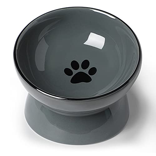 ONTUBE Ceramic Raised Cat Dishes or Small Dog Bowl, Pet Food or Water Bowls,5.3-Inch 10oz (Gray)