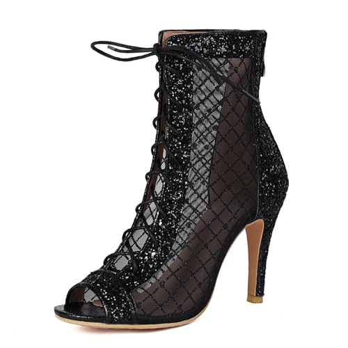 SHEMEE Women's Denim Patchwork Mesh Peep Toe High Heels Sandals Booties Lace Up Summer Open-toe Back Zipper Short Ankle Boots