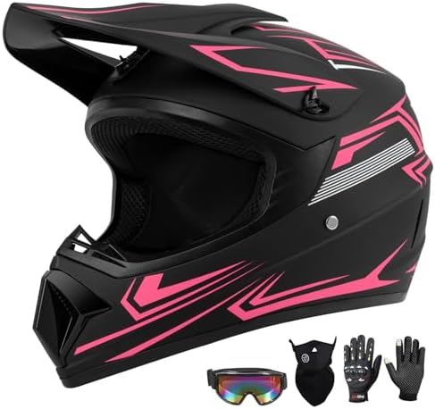 Youth Kids Dirt Bike Motocross Helmet (Goggles Gloves Face Mask) 4PCS Set, DOT Approved Girls Full Face Motorcycle Helmets, ATV BMX MX Mountain Bike Off Road Kid Helmet (Pink, XL)