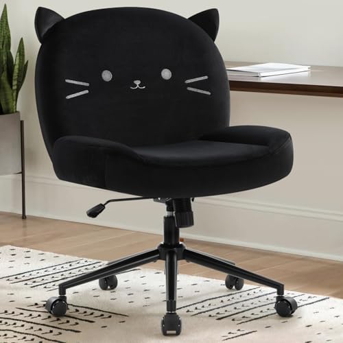 Image of IWMH Ergonomic Criss Cross Legged Office Chair with Wheels, Desk Chair with Fabric Padded, Height Adjustable Wide Seat Vanity Chairs,Mid Back Task Chair for Home, Bedroom (Black)