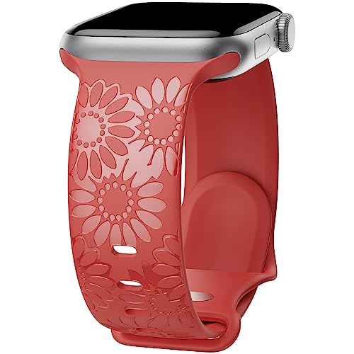 Sunflower Engraved Band Compatible with Apple Watch Bands 38mm 40mm 41mm 42mm 44mm 45mm 46mm 49mm Women, Designer Glossy Floral Silicone Strap for iWatch Series Ultra 12 11 10 9 8 7 6 SE 5 4, Red-38