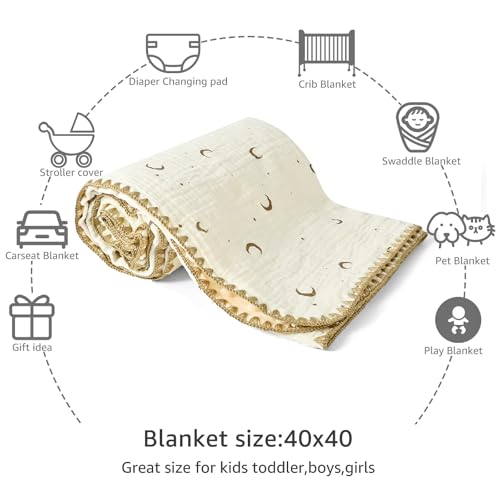 Image of Baby Blanket 40x40 Inches,Muslin Cotton and Minky Dotted Double Layer Soft Receiving Blanket for Newborn Toddler,Moon Star