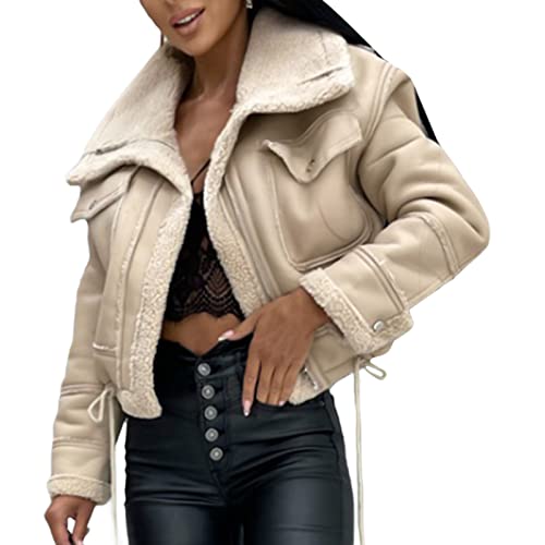 Alaurbeauty Damen Lederjacke Kurz Gefüttert Winterjacke Warm Winter Fleece Motorrad Jacke Vintage Innenfutter Mantel mit Reißverschluss Fellkragen Wintermantel (Hell Khaki,...