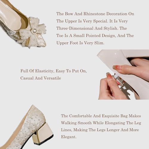 Gladtbser Women's Rhinestone Bow Satin Pumps Fashion Pearl Pointed Toe Chunky Heel Shoes Slip On Wedding Dress Shoes for Party Office Wedding Evening4