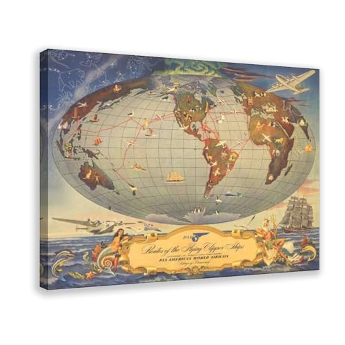 Impression sur toile PanAmerican Flying Ship Routes 1941 décoration vintage salon 40x60cm