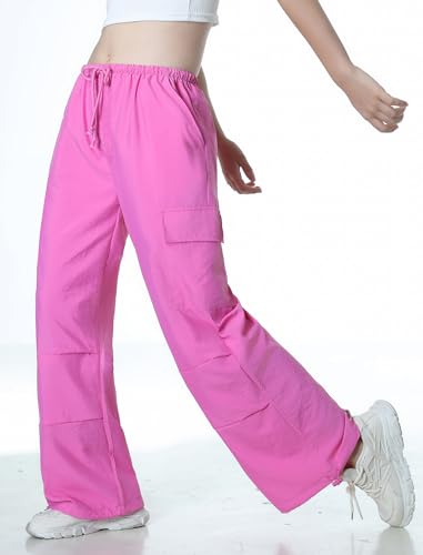 Image of EXARUS Girls Parachute Pants Cargo Hip Hop Wide Leg Baggy Y2K Teen | Tween Casual School Dance Streetwear with Pockets Elastic Waist Youth Junior Kids Bottoms Hiking 8-14Y