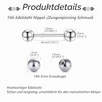 Gojewen 8er Zungenpiercing Brustwarzenpiercing und 4er Ersatzkugel Chirurgenstahl Silber Piercing Zunge Brustwarze Barbell 8mm – Ansicht 3