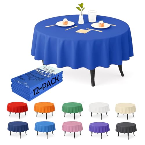 Craft And Party 12-Pack Royal Blue Plastic Tablecloths – 84 Inch Round Disposable Table Covers, Heavy Duty & Waterproof for Parties, Events, Banquets, Royal Blue