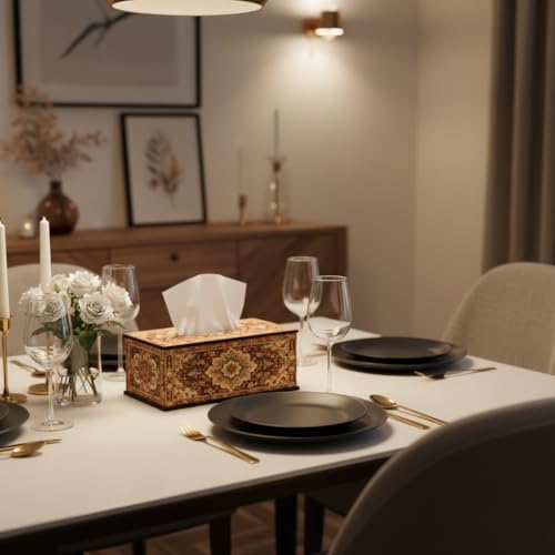 Image of Vintage Cream Floral Printed Tissue Box Holder Elegant Wooden Tissue Box Cover for Dining Table, Bedroom & Office 6.5x5x3 Inch