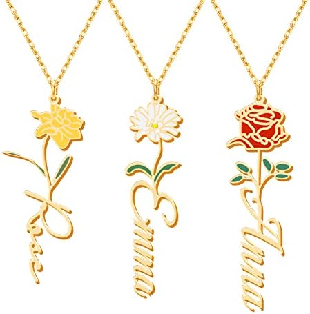EVER2000 Birth Flower Name Necklace Personalized, Custom Engraved Floral Pendant Necklace Customized Birth Flower Pendant Necklace With Name For Women