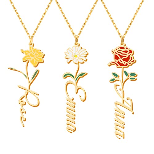 Ever2000 Birth Flower Name Necklace Personalized, Custom Engraved Floral Pendant Necklace Customized Birth Flower Pendant Necklace With Name For Women #TOP3