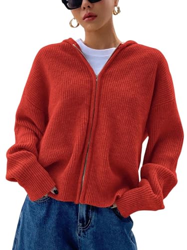 Image of SOLY HUX Zip Up Cardigan for Women Hooded Cardigan Sweater Knitted Drop Shoulder Fall Clothes Winter Hoodies Outerwear