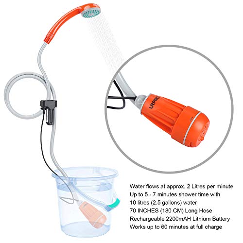 Ducha portátil para camping con bomba recargable por USB, cabezal desmontable, funciona bombeando agua desde cubo, ideal para camping, senderismo, limpieza de mascotas y lavado de autos miniatura 2