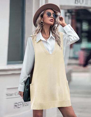 Image of HOTOUCH Women Sweater Vest Oversized V Neck Sleeveless Knit Pullover Ribbed Vest Dress with Pockets
