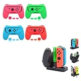 FastSnail Charging Dock and 4 Pack Switch Grips Kit for Nintendo Switch Joy Con & OLED Model, Charger Stand Station with Charging Cable, Wear-Resistant Grip Controller with 12 Thumb Grip
