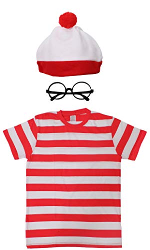 I LOVE FANCY DRESS LTD Déguisement Ou Est Charlie du Fameux Livre - Y Compris: T-Shirt Rouge et Blanc, Bonnet et Lunettes - Idéal pour Les Fêtes Entre Amis et Famille - Large