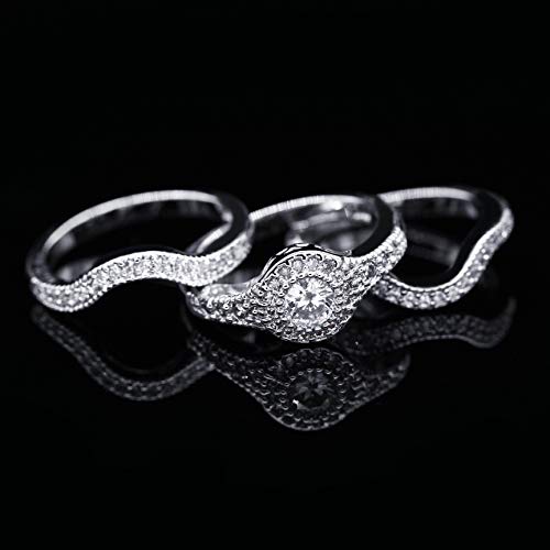 Uloveido Women's 3 Pcs White Gold Plated Round CZ Halo Wedding Stack Rings Set RA03464