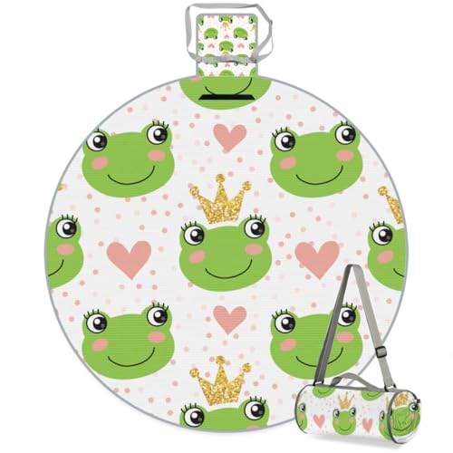 Shimoshe Crown Frog Picnic Outdoor Blanket Foldable Waterproof Sandproof Beach Blanket Portable Water-Resistant Round Picnic Mat for Travel Camping Park Lawn
