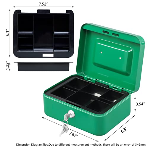 Image of KYODOLED Medium Cash Box with Money Tray,Small Safe Lock Box with Key,Cash Drawer,7.87 inchx 6.30 inchx 3.54 inch Green Medium