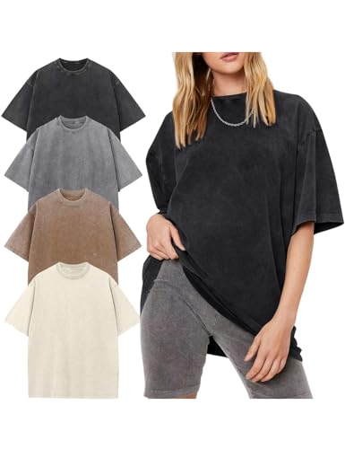 Yimoon Women's 4 Pack Oversized T-Shirts Acid Wash Boyfriend Cotton Teen Shirt Loose Fit Vintage...