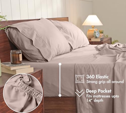 Image of RUVANTI 100% Cotton Percale Sheets Full - Crisp Cooling Summer Bed Sheets for Hot Sleepers, Deep Pocket 14 inch, Soft Peach Finish, Breathable & Durable Hotel-Style 4 Piece Set, Soft Mocha