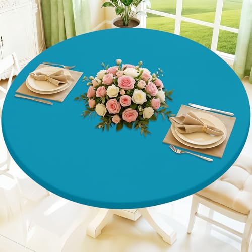 Moosfor Round Spandex Tablecloth, Elastic Fitted Waterproof Tablecloths for 57"-68" Tables, Stretch Washable Picnic Table Cover for Camping, Dining, Indoor and Outdoor, Turquoise by Moosfor - Used condition - US$18.04