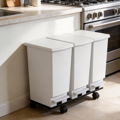 Image of Large Trash Can with Wheels and Lid, 8 Gallon Kitchen Foot Pedal Garbage Can with 360 Swivel Casters, Hands Free Step On Recycling White Trash Can - Odor Block, Durable Metal Wheel Base, 3Pack