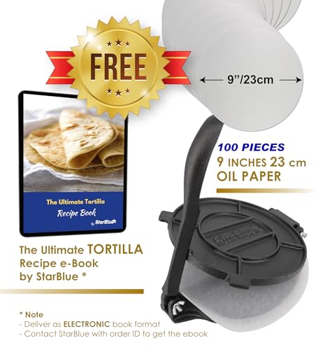 20.5cm Cast Iron Tortilla Press by StarBlue with FREE 100 Pieces Oil Paper and Recipes e-book - Tool to make Indian style Chapati, Tortilla, Roti - Image 3