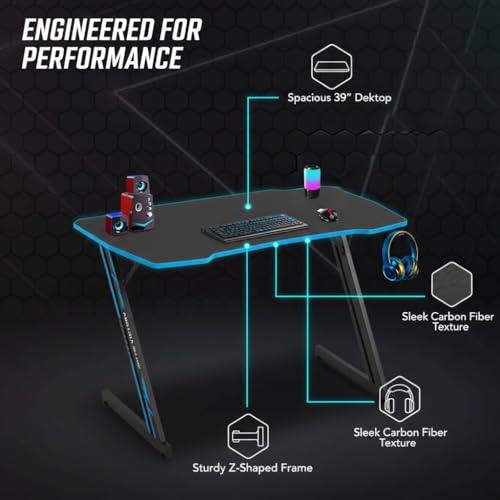 Image of 39 Inch Gaming Desk Z Shaped Computer Desk Large PC Gaming Table PVC Surface with Headphone Hook & Adjustable Feet for Teen