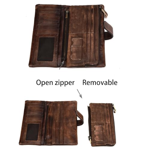 LUKZIJAES Vintage Long Wallet for Men Genuine Leather Zipper RFID Blocking Card Holder with Coin Pocket Mens Clutch Purse (#4-Coffee)4