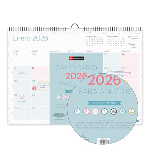 Miniatura 2 de Miquelrius - Calendario 2026 De Pared Lovely, Organizador Anual A3: 420 X 296 Mm, Espacio Para Anotar, Planificador 12 Meses, Espiral Doble, Español, Incluye Adhesivos, Colores Pastel