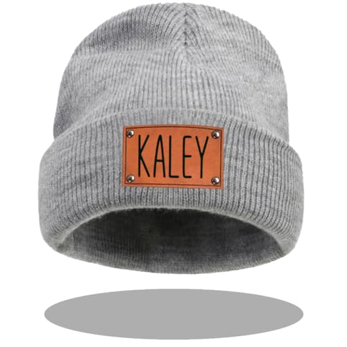 Personalized Toddler Baby Beanie with Name, Custom Leather Patch Toddler Winter Hat Baby Boys Girls Knit Warm Beanies Kids