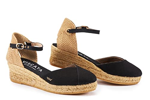 Image of Viscata Pubol Espadrille Canvas Low Wedges with Ankle Strap Spain Handmade 2 inch Heel Women's Sandals with Breathable Organic Cotton Canvas and 100% Natural Jute for all Occasions: Casual, Work, Party