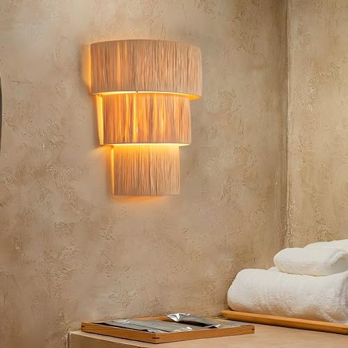 Image of Bofea-Boho Wall Llight with Hand Woven Hemp Rope Shade,Plug in Wall Sconce | Hand Woven Wall Hanging Lamps,Rustic Three Layers Wall Lamps Light Fixture Indoor for Bedroom Stairway