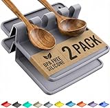 Cooler Kitchen Gray Silicone Spoon Rest for Stove Top with Drip Pad (2 Pack) - Heat Resistant BPA Free Utensil Rest & Kitchen Spoon Holder for Kitchen Counter - Grill Countertop - Spatula Holder