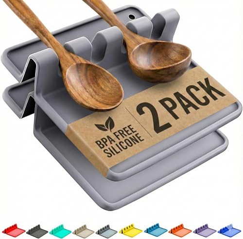 Cooler Kitchen Silicone Spoon Rest for Stove Top with Drip Pad (Two Pack) - Heat Resistant, BPA Free Utensil Rest & Spoon Holder for Counter - Grill Utensil Holder for Spatulas, Tongs, Ladles (Grey)