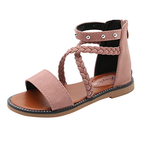 Girls Kids Leather Gl𝐚diator Sandals Ankle Open Toe X-Strap Flat Shoes Summer Casual Rubber Sole Non Slip Shoes Comfy