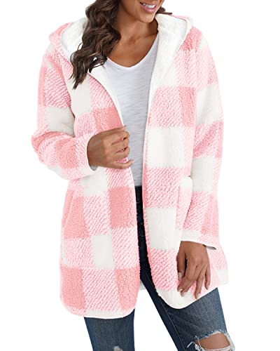 Reachme Womens Plaid Sherpa Jacket Fuzzy Fleece Hooded Coat Warm Open Front Fluffy Cardigan With Pocket(Pink,S) #TOP1