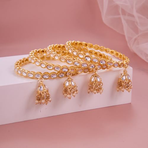 Image of Gold Plated Kundan Bangle Set for Women | Teardrop Stone Bangles with Pearl Beaded Latkan Charm Ethnic Wedding Jewellery | Bangle Set of 4 for Women & Girls