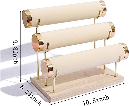 Image of Wooden Metal 3 Roll Gold Metal Chrome Finished Wooden Jewellery Display Stand (Beige)