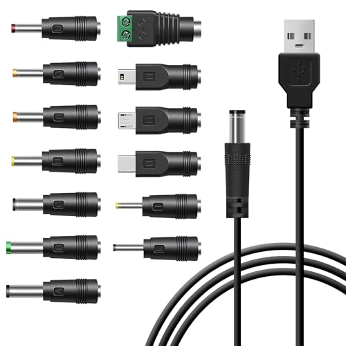 Leloco USB auf DC Stecker Kabel, 13 in 1 USB A auf Hohlstecker Ladekabel Universal Netzkabel Adapterkabel Stromkabel mit 13 Stecker für Router, Rasierapparat, TV Box, LED Streifen, Philips Hue Hub usw