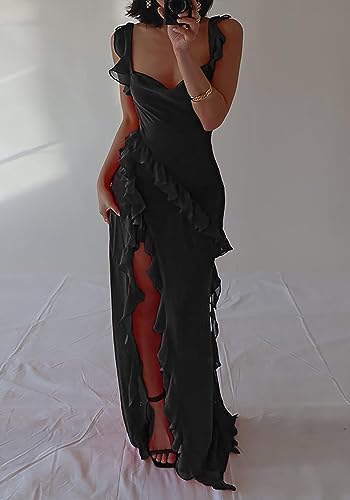 Ecirod Womens Spaghetti Strap High Slit Bodycon Maxi Dress Square Neck Backless Party Club Dresses3